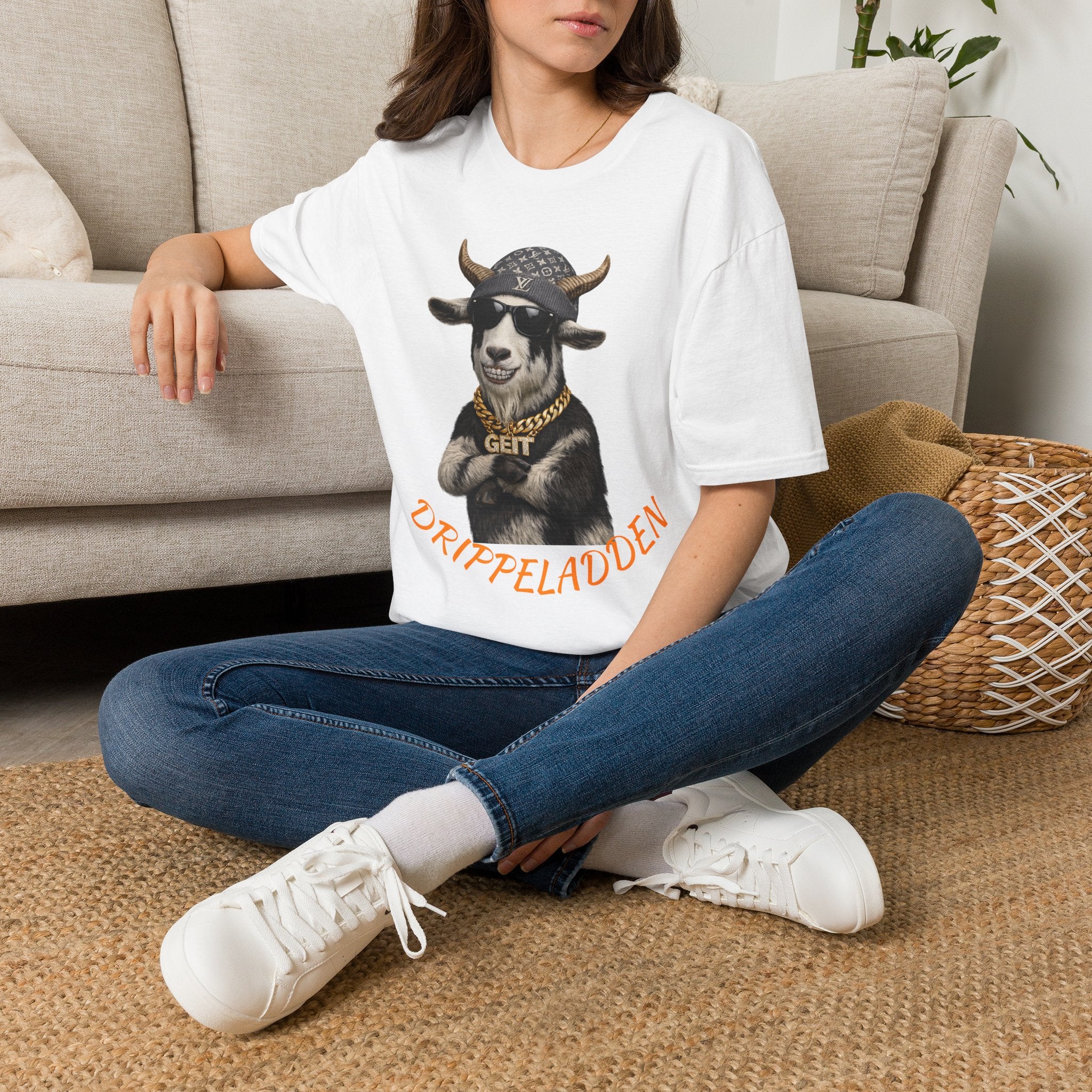 Goat Graphic Tee — Cool Goat with Shades & Gold Chain ("Ziripfelkauden" Design)